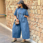 Women'sDenim Jumpsuit Washed Single-Button Short Sleeve Loose Jumpsuit