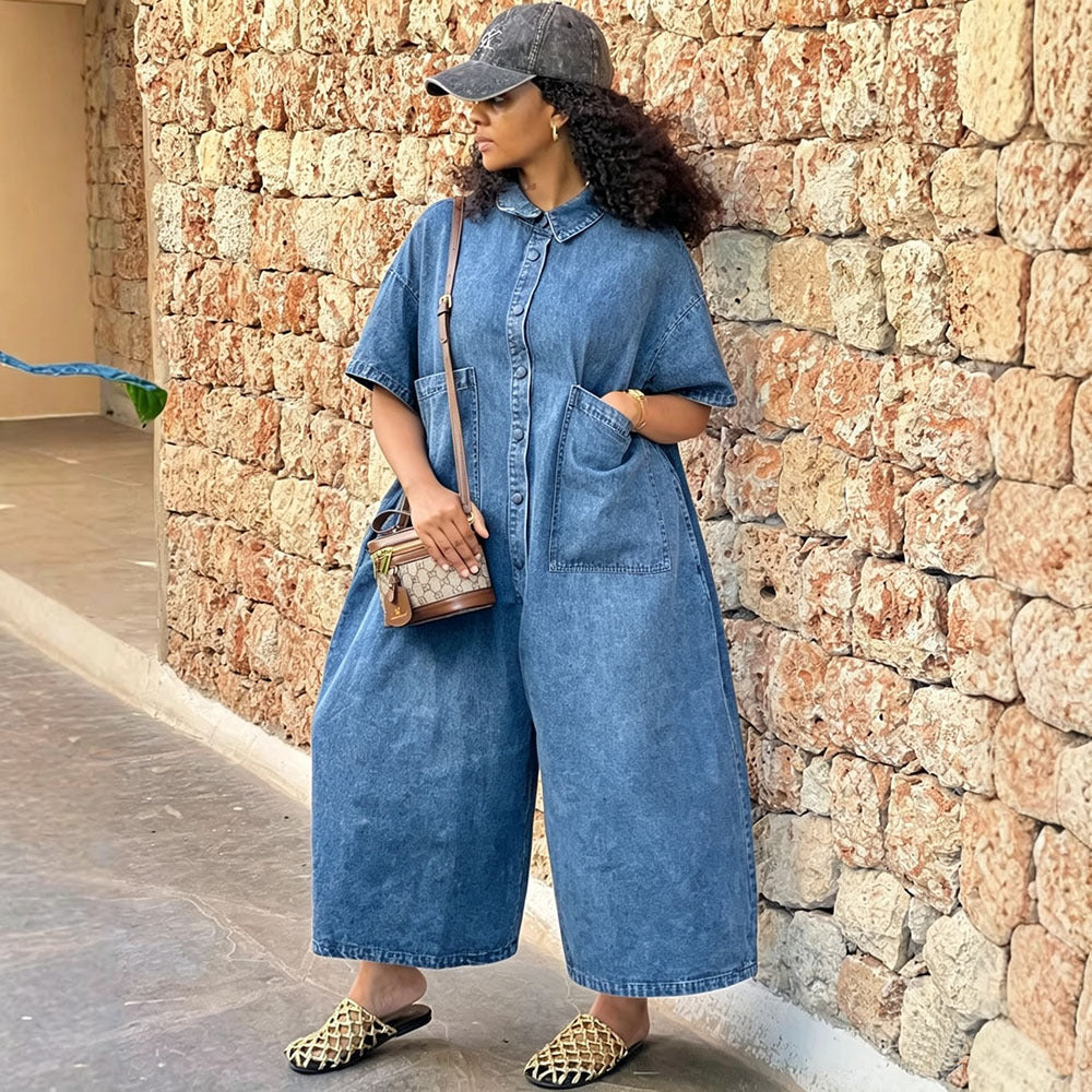 Women'sDenim Jumpsuit Washed Single-Button Short Sleeve Loose Jumpsuit