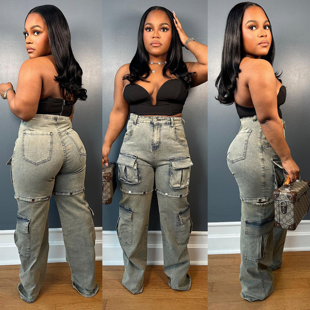 Women's denim pants with multiple pockets, straight-leg fit, eprolo brand, featuring detachable buttons for a casual fashion look.