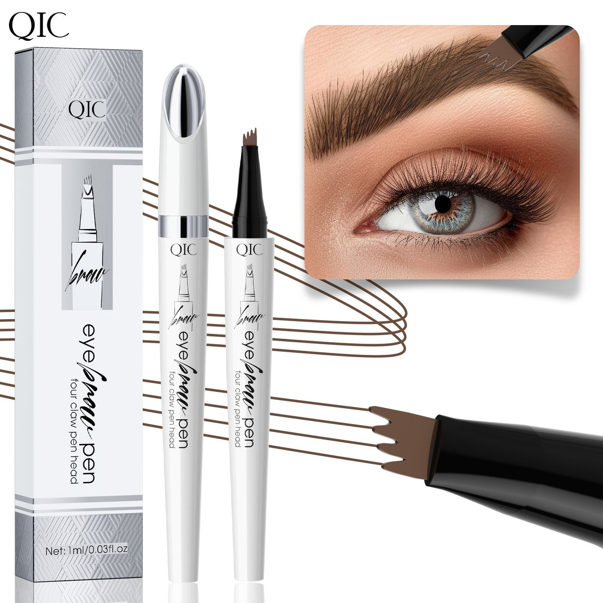 White QIC four-claw eyebrow pen with black tip, box, and inset showing application on brow.