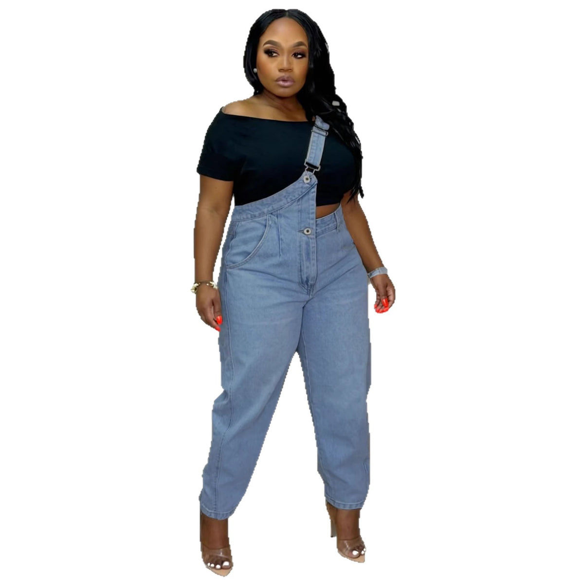 Eprolo washed straight leg jeans pants with single shoulder strap detail, casual denim style, front view with distressed finish.