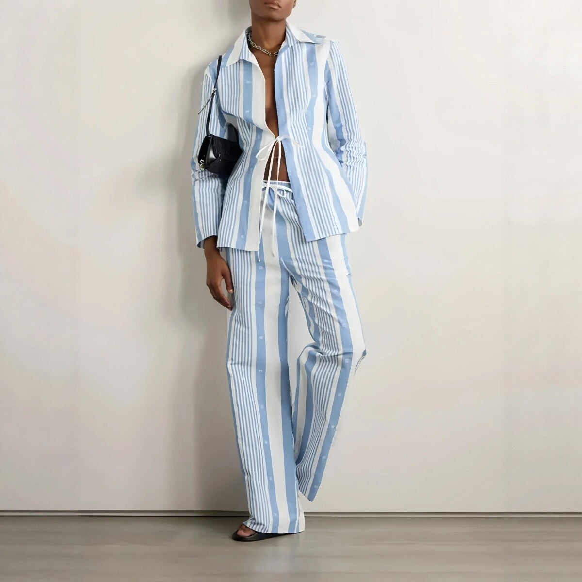 Blue and White Striped Wide Leg Lounge Set