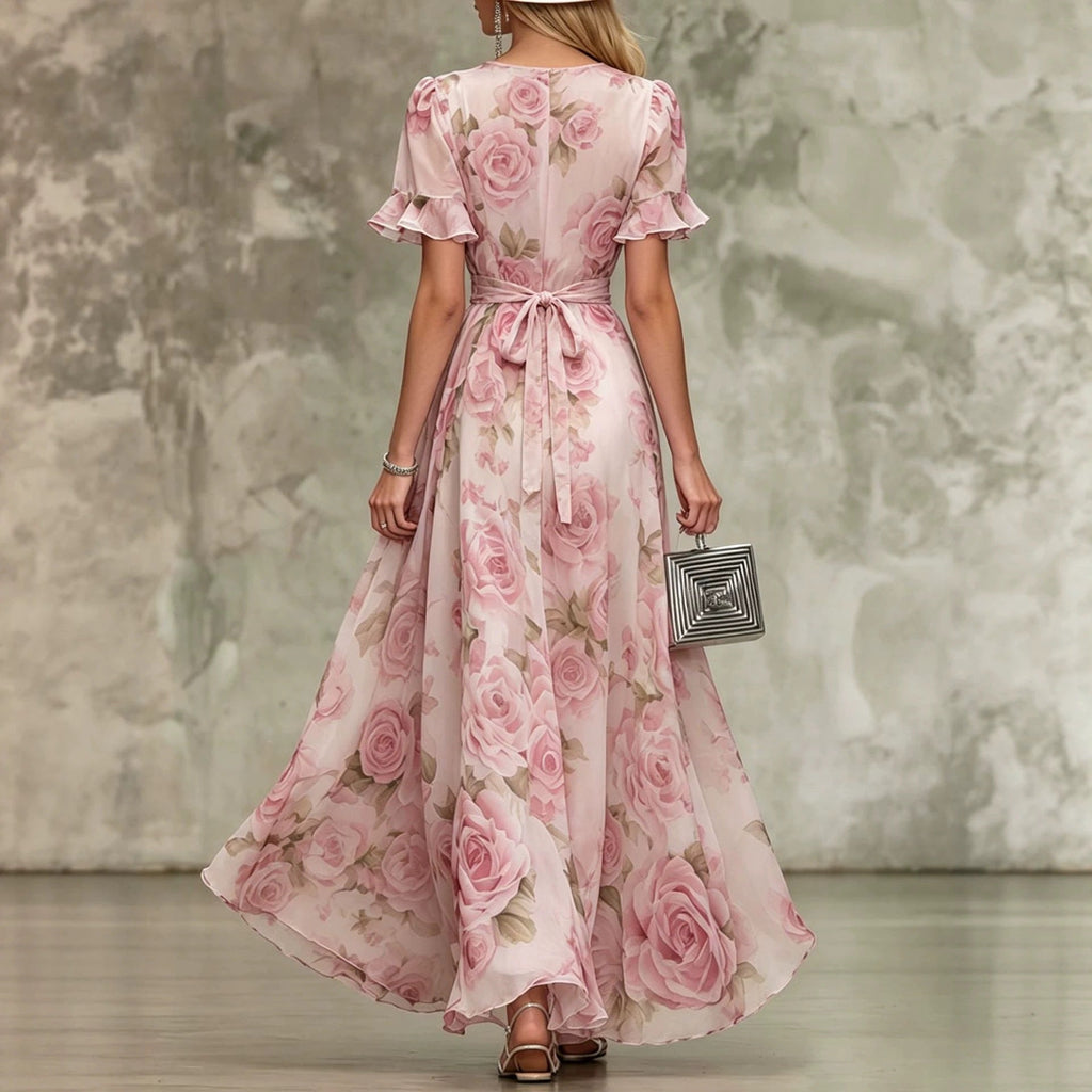 Women's deep V-neck ruffle sleeve printed maxi dress by FitiqueFit, featuring a high waist and flowing fabric.