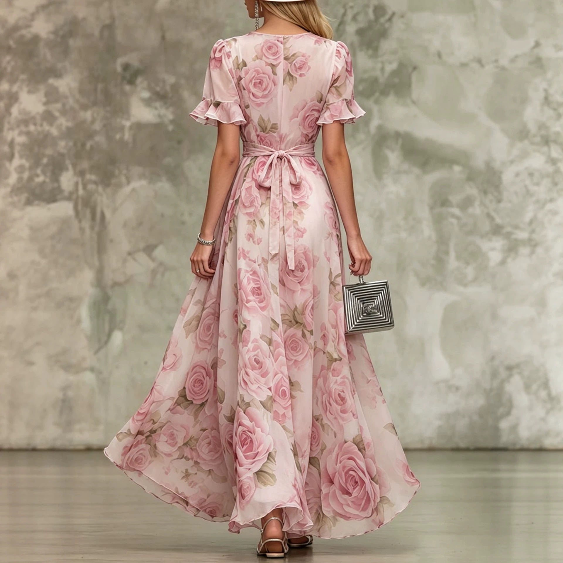 Women's deep V-neck ruffle sleeve printed maxi dress by FitiqueFit, featuring a high waist and flowing fabric.