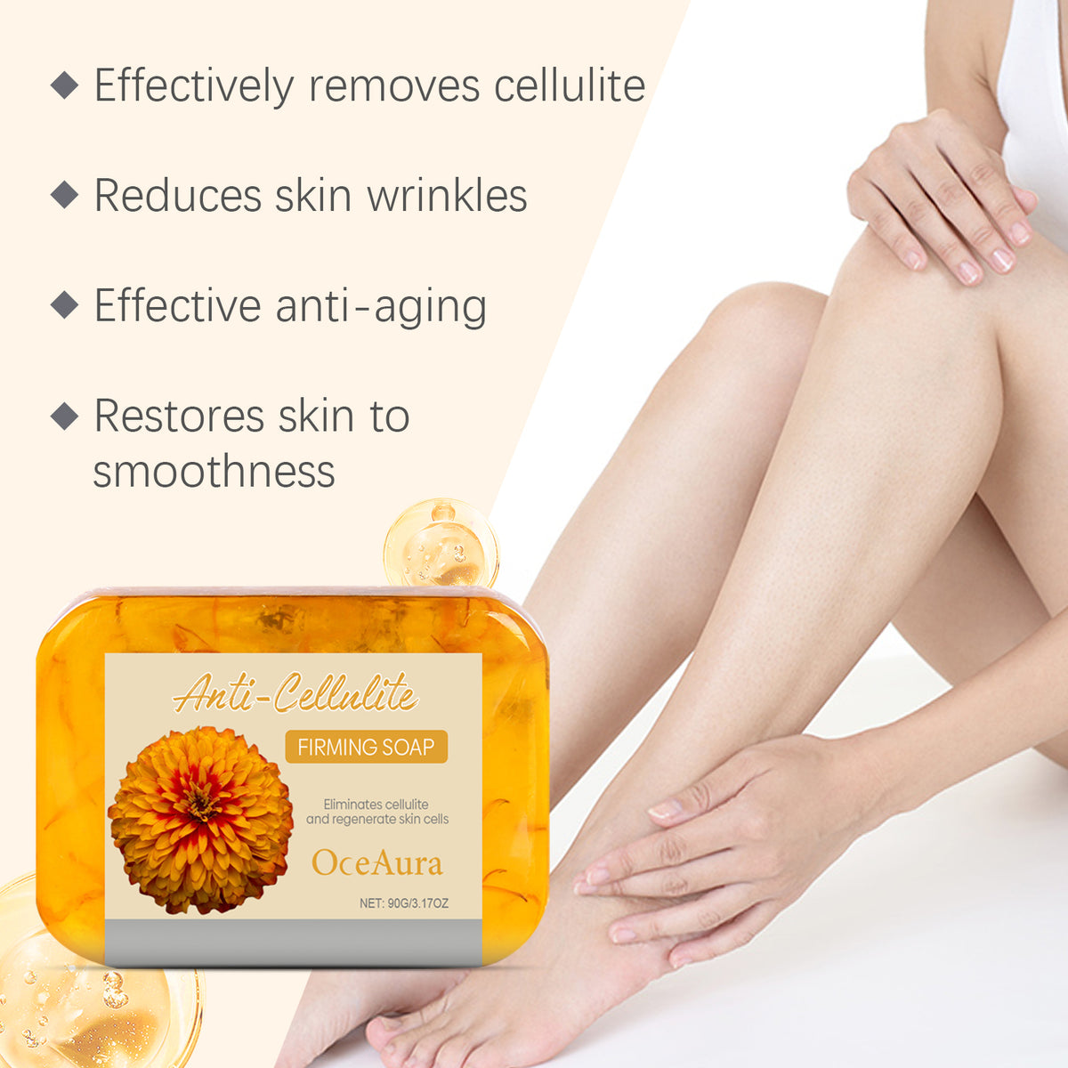 Yellow anti-cellulite firming soap bar with orange flower graphic, text, and embedded botanicals.