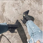 Women rhinestone high heel boots with pointed toe, stylish Trendy Attic Store01 footwear for elegant and trendy looks.