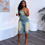 Women's Fashion Denim Set with Raw Hem Crop Top and High-Waisted Denim Shorts