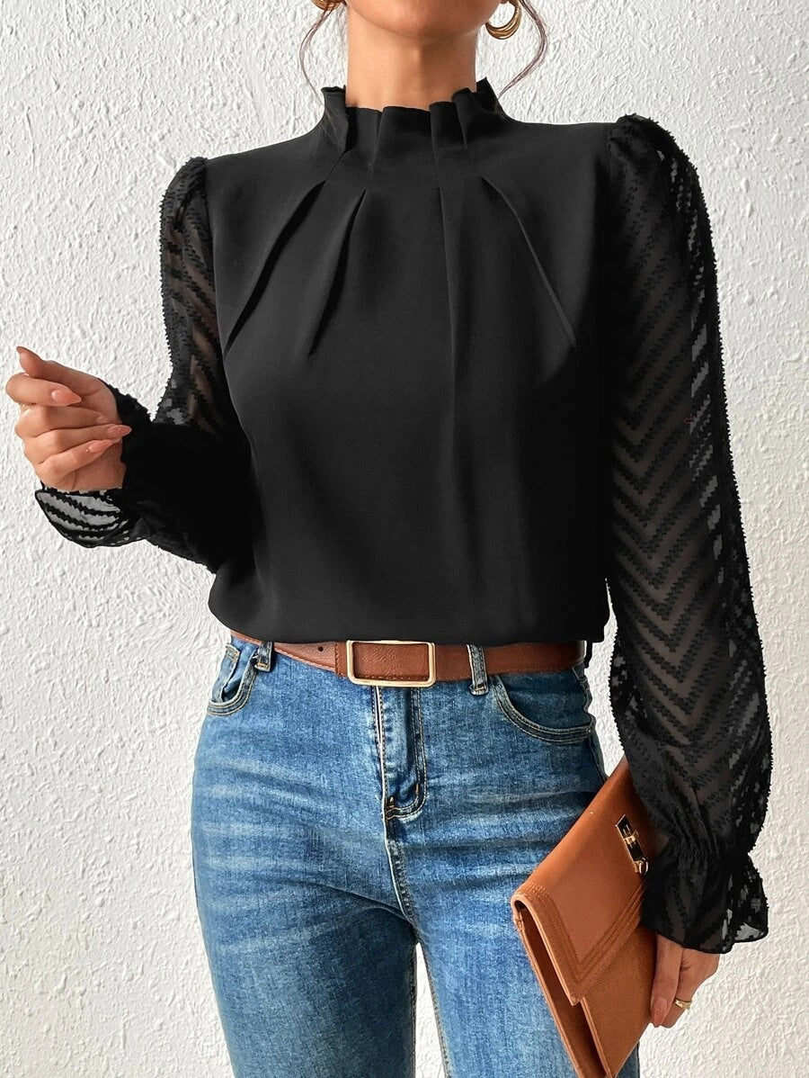 Women's chiffon blouse with wave pattern, long sheer sleeves, ruffle cuffs, mock neck, by Plush Fashion Hub.