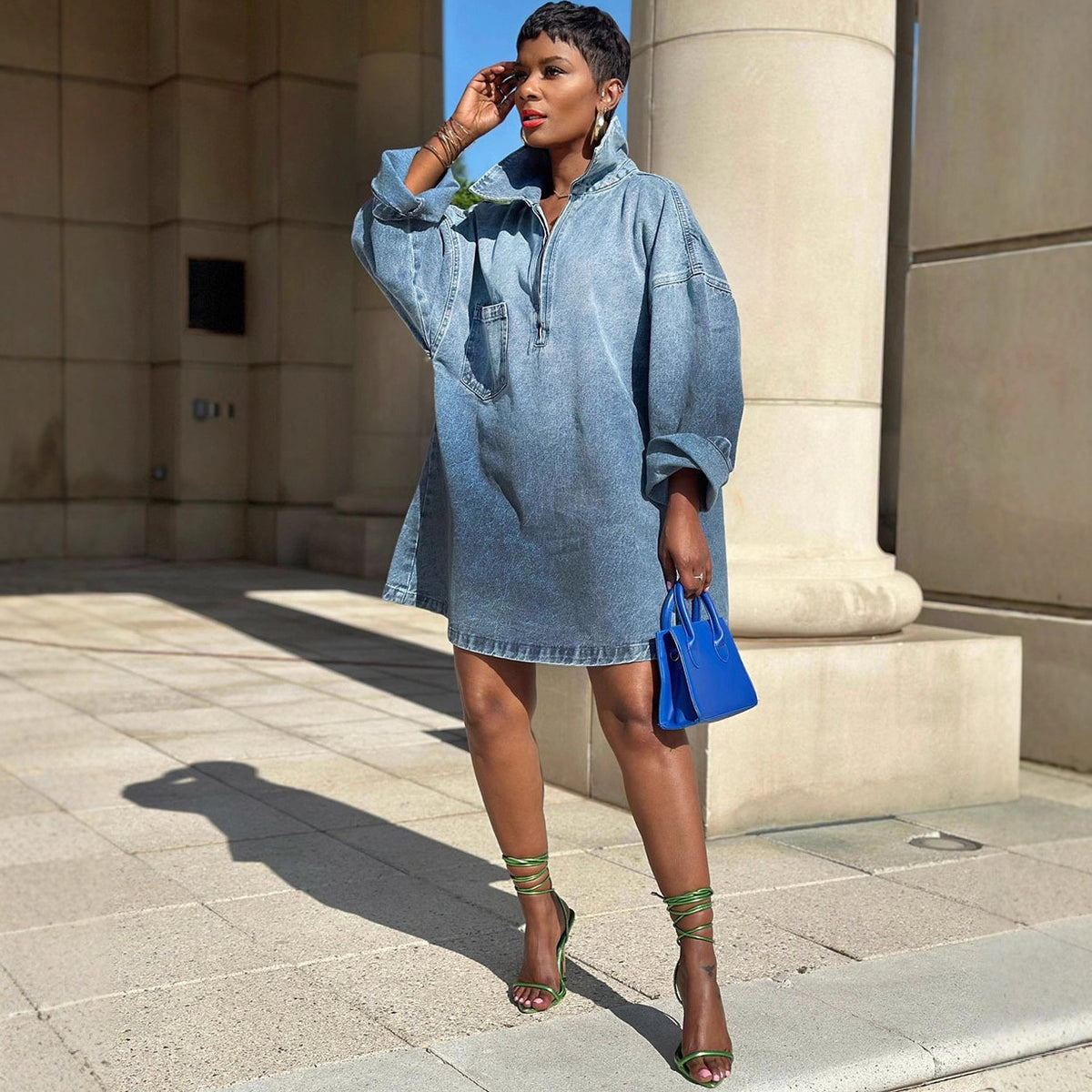 Eprolo women's loose fit denim dress with long sleeves, turn-down collar, gradient color, stylish casual dress.