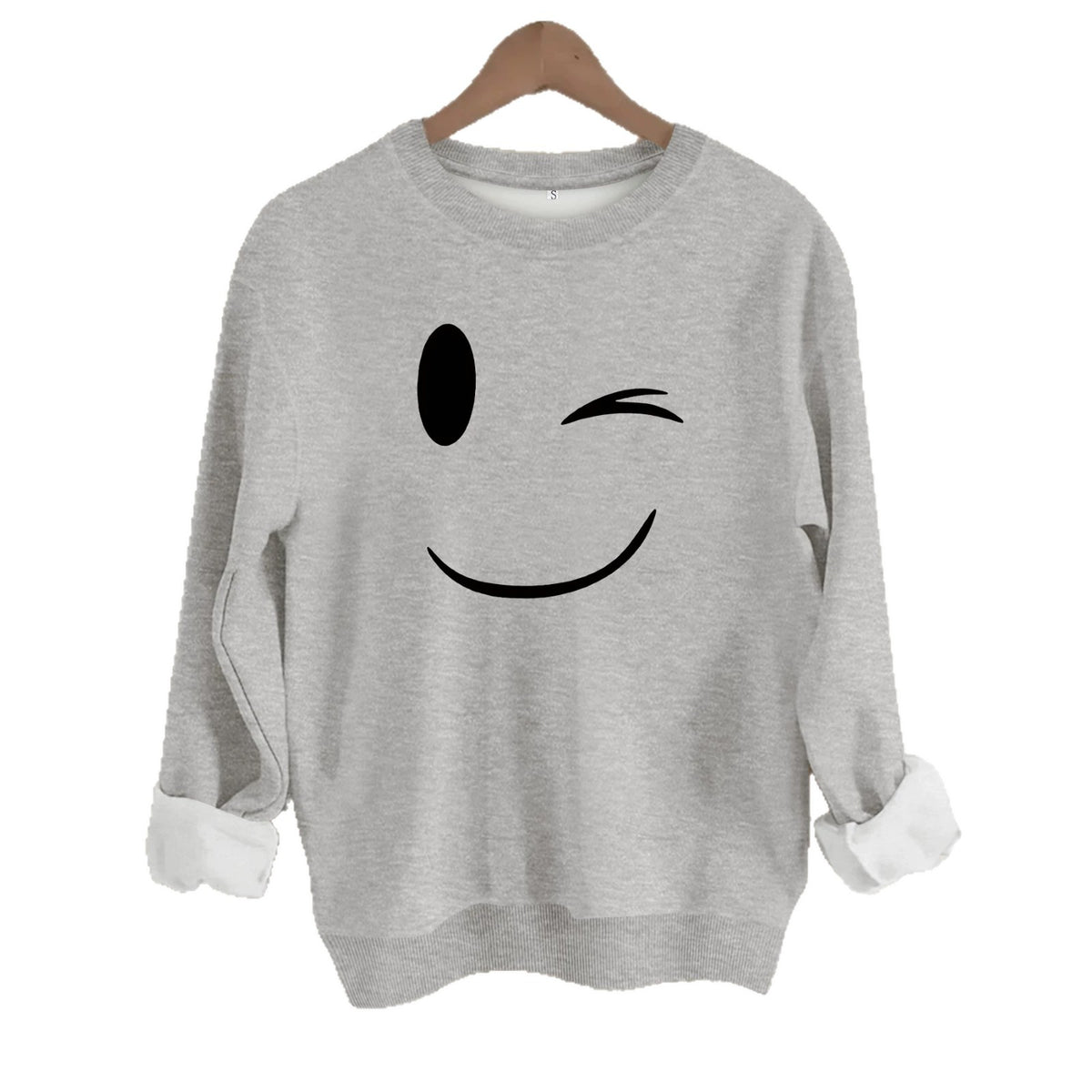 Grey fleece crewneck sweatshirt with a winking face graphic on the chest.