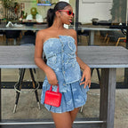 Women's Sexy Dress Set Fashion Trendy Irregular Strapless Top Pleated Skirt