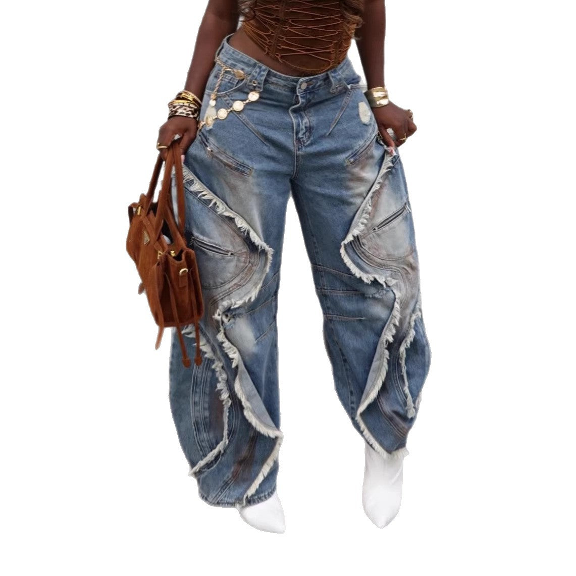 Plush Fashion Hub wave frayed ripped edge denim jeans showing distressed details and frayed hem on classic blue denim.