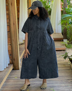 Women'sDenim Jumpsuit Washed Single-Button Short Sleeve Loose Jumpsuit