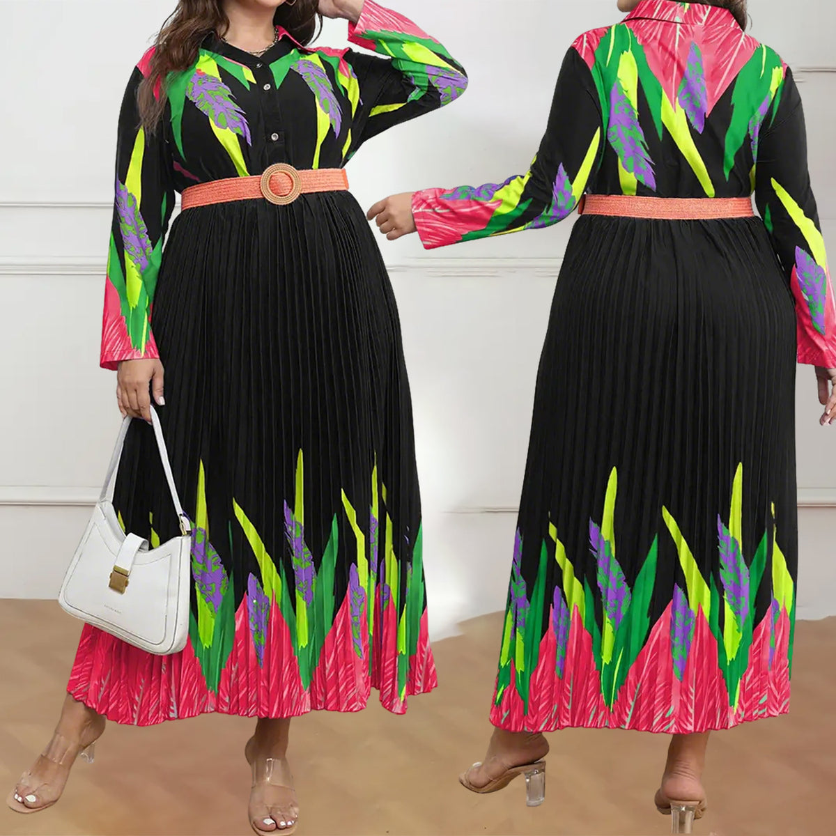 Black pleated long-sleeve maxi dress with pink, green, and purple abstract print, button-front, and orange belt.