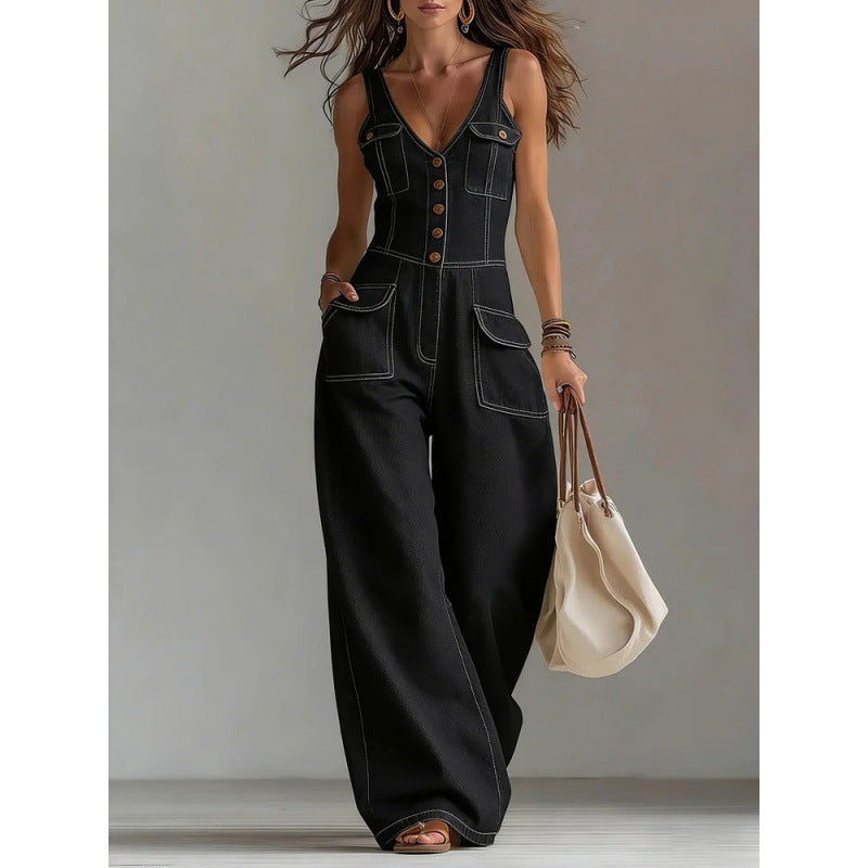 Women's Washed Denim Straight-Leg Loose Sleeveless Strap Jumpsuit