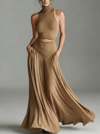 Style Sleeveless High Neck Top with Elegant Long Dress Two-Piece Set