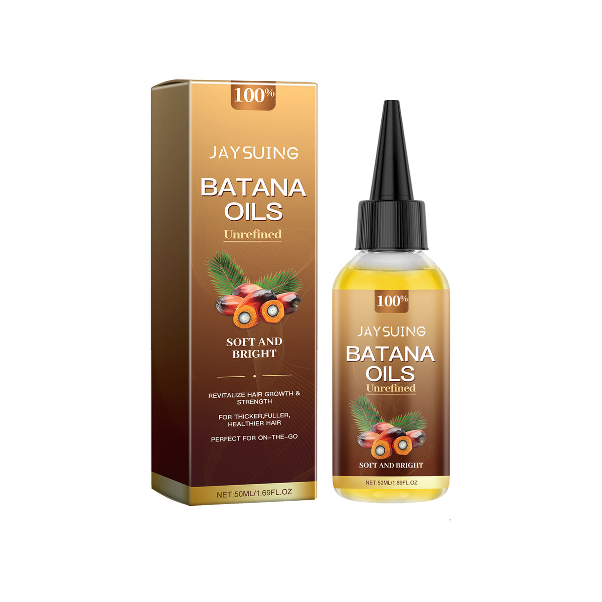 Gold and brown Batana oil bottle and its matching cardboard box with palm fruit graphics and text.