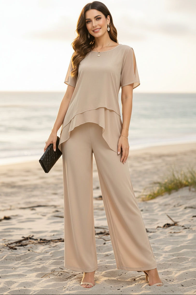 Women's matching set with irregular hem top and wide-leg pants by FitiqueFit, featuring stylish, comfortable casual wear.