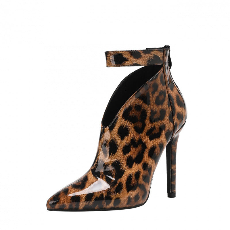 Crystal Cut-out Ankle Boots Leopard Print Stiletto Heel Pointed Toe 11cm Sexy High Heel Fashion Short Boots for Women