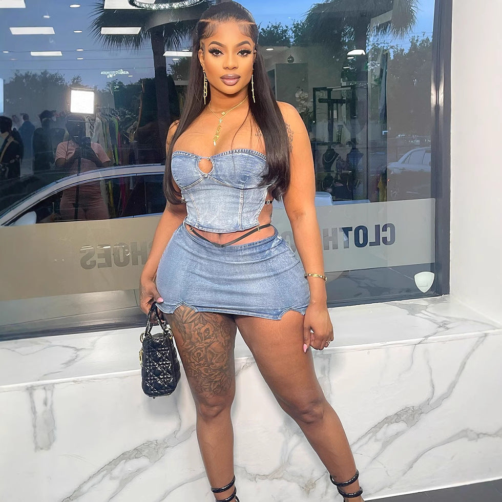 Women's Western Style Denim Dress Set Sexy Strapless Denim Top with Slit Mini Skirt