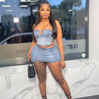 Women's Western Style Denim Dress Set Sexy Strapless Denim Top with Slit Mini Skirt