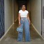 Grid Jacquard Washed High Waist Straight Leg Jeans