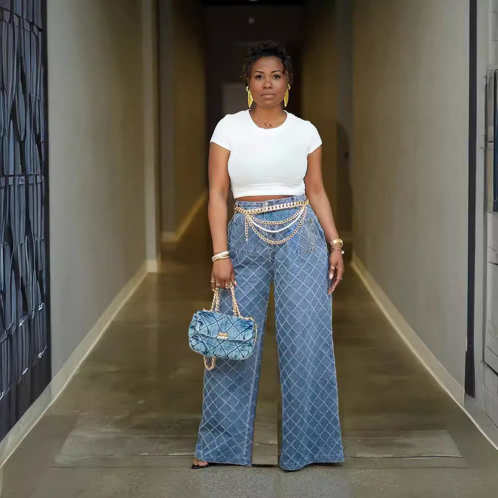 Light-washed Plush Fashion Hub high waist straight-leg jeans with grid jacquard pattern, showcasing a fitted style and classic denim look.