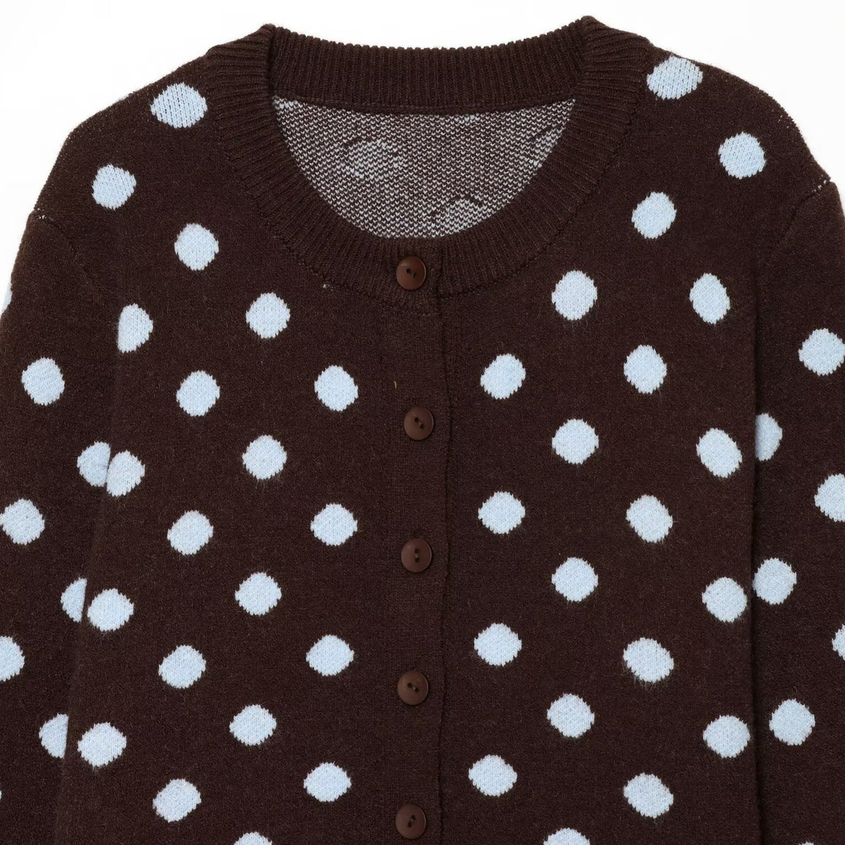 Brown knit cardigan with light blue polka dots, crew neck, and dark buttons.