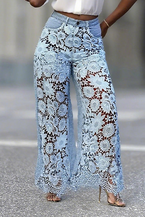 Hollow lace spliced high-waist jeans from Plush Fashion Hub featuring distressed details and a trendy fit.