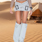 Light blue denim mini skirt for women with bodycon fit and cross-over buckle design from FitiqueFit.