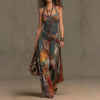 French Oil Painting Print Vintage Off-Shoulder Sexy Jumpsuit for Women Summer