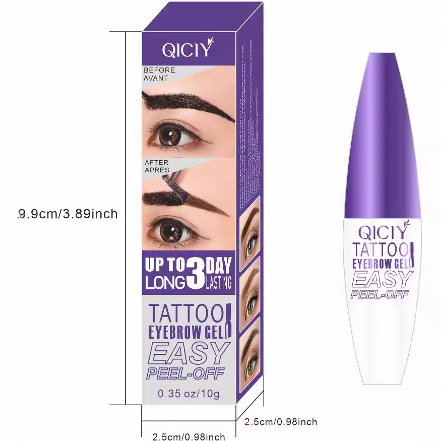 Purple and white QICIY peel-off tattoo eyebrow gel tube and packaging box with dimension labels.
