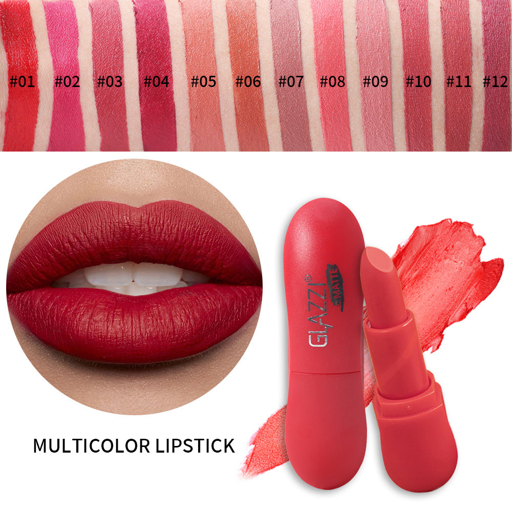 Matte red lipstick in a pill-shaped tube, with lip swatches and a color chart numbered 01-12.