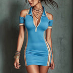 Women's FitiqueFit elastic mini dress with high waist, contrast stripe design and front zipper, perfect for stylish casual wear.