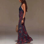 Women's Floral Print Halter Neck Deep V Lace Trim Mermaid Maxi Dress