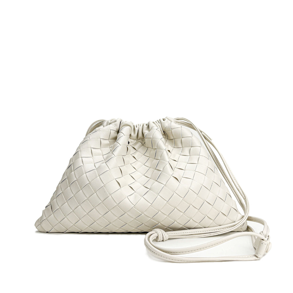 Elegant Fashion Genuine Leather Quilted Shoulder Crossbody Magnetic Snap Drawstring Closure Woven Clutch Bag