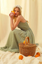 Women's retro plaid sleeveless A-line maxi dress with fitted waist and pleated skirt, casualwear from Plush Fashion Hub.
