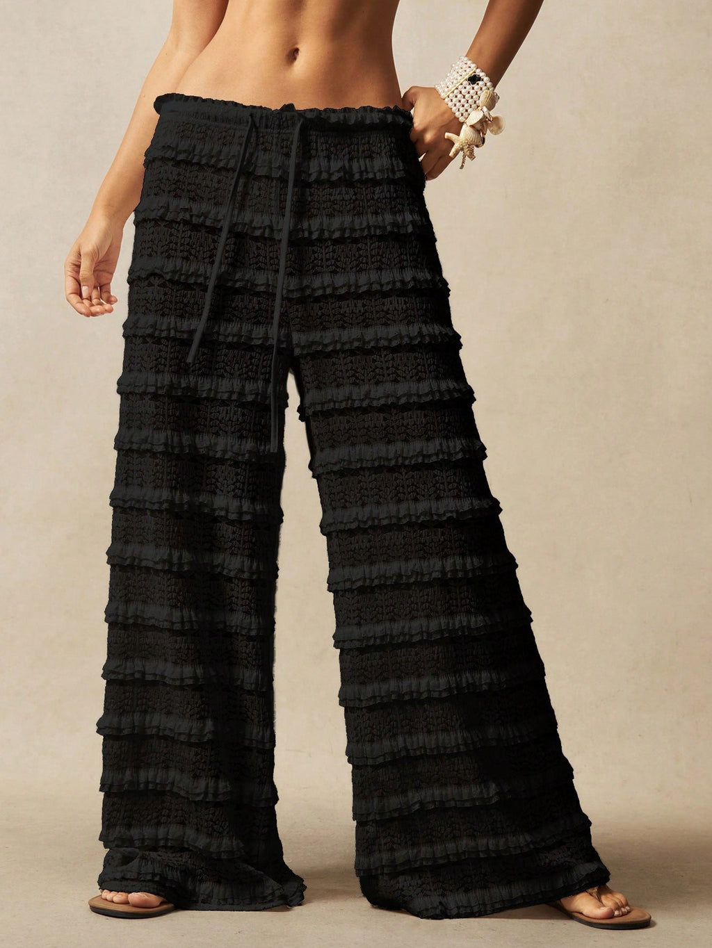 Women's lace jacquard wide-leg pants with hollow-out ruffle patchwork and tie-up detail, stylish boho trousers by Plush Fashion Hub