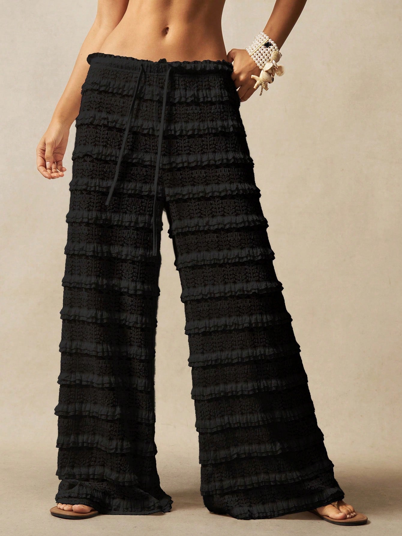 Women's lace jacquard wide-leg pants with hollow-out ruffle patchwork and tie-up detail, stylish boho trousers by Plush Fashion Hub