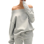 Shoulder Cut-Out Crop Top with Long Sleeve Matched with Flared Leg Wide-Leg Sweatpants