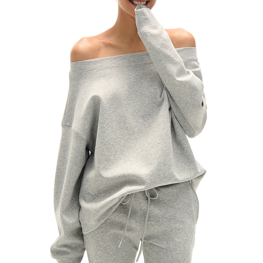 Shoulder Cut-Out Crop Top with Long Sleeve Matched with Flared Leg Wide-Leg Sweatpants