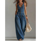 Women's Washed Denim Straight-Leg Loose Sleeveless Strap Jumpsuit