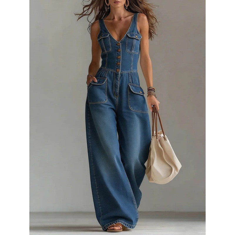 Women's Washed Denim Straight-Leg Loose Sleeveless Strap Jumpsuit
