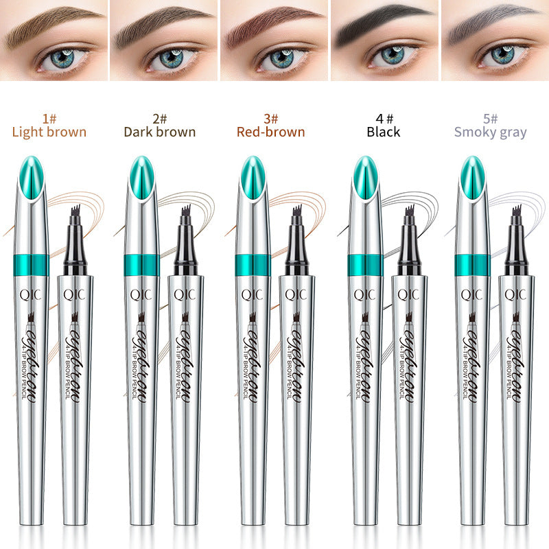 Five metallic silver eyebrow pens with teal caps and 4-tip micro-fork applicators, in various shades.