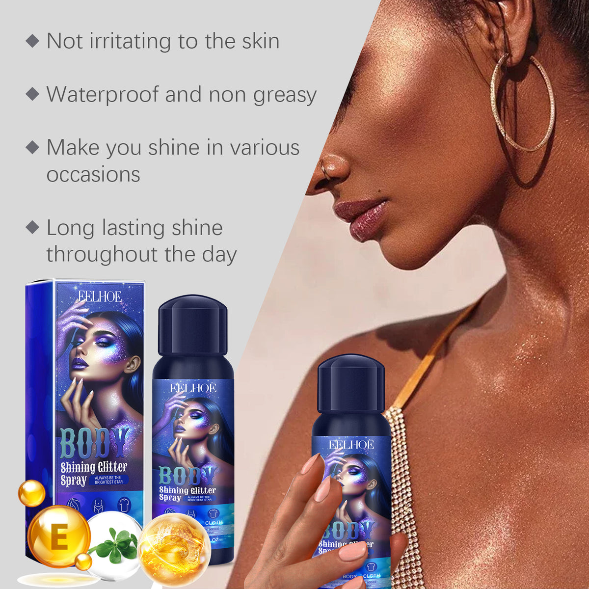 Blue Eelhoe body glitter spray bottle and box, featuring model graphics and text about long-lasting, waterproof shine.