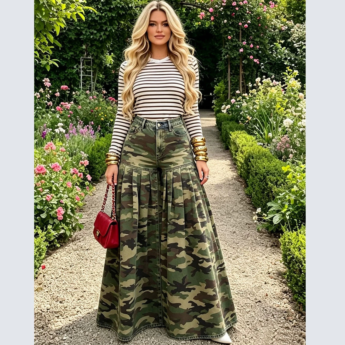 Women’s high-waisted camouflage wide-leg denim jeans with ruffle pleats from Plush Fashion Hub, shown on a model.