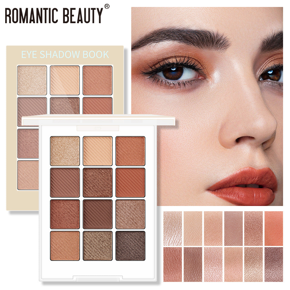 Romantic Beauty twelve-shade neutral brown eyeshadow palette with shimmer, matte, and striped pans.