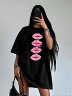 Women's Black Lip Print Short Sleeve Loose Fit Cotton T-Shirt
