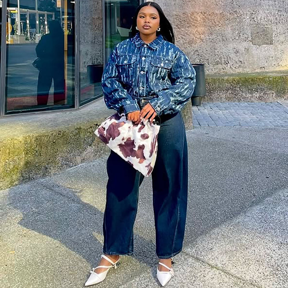 Women's denim jacket by eprolo featuring distressed details, long sleeves, casual street style, perfect for autumn and winter wear.