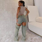 Women's Straight Leg Jeans Street Fashion Vintage Washed Cut-Out Wide Leg Pants